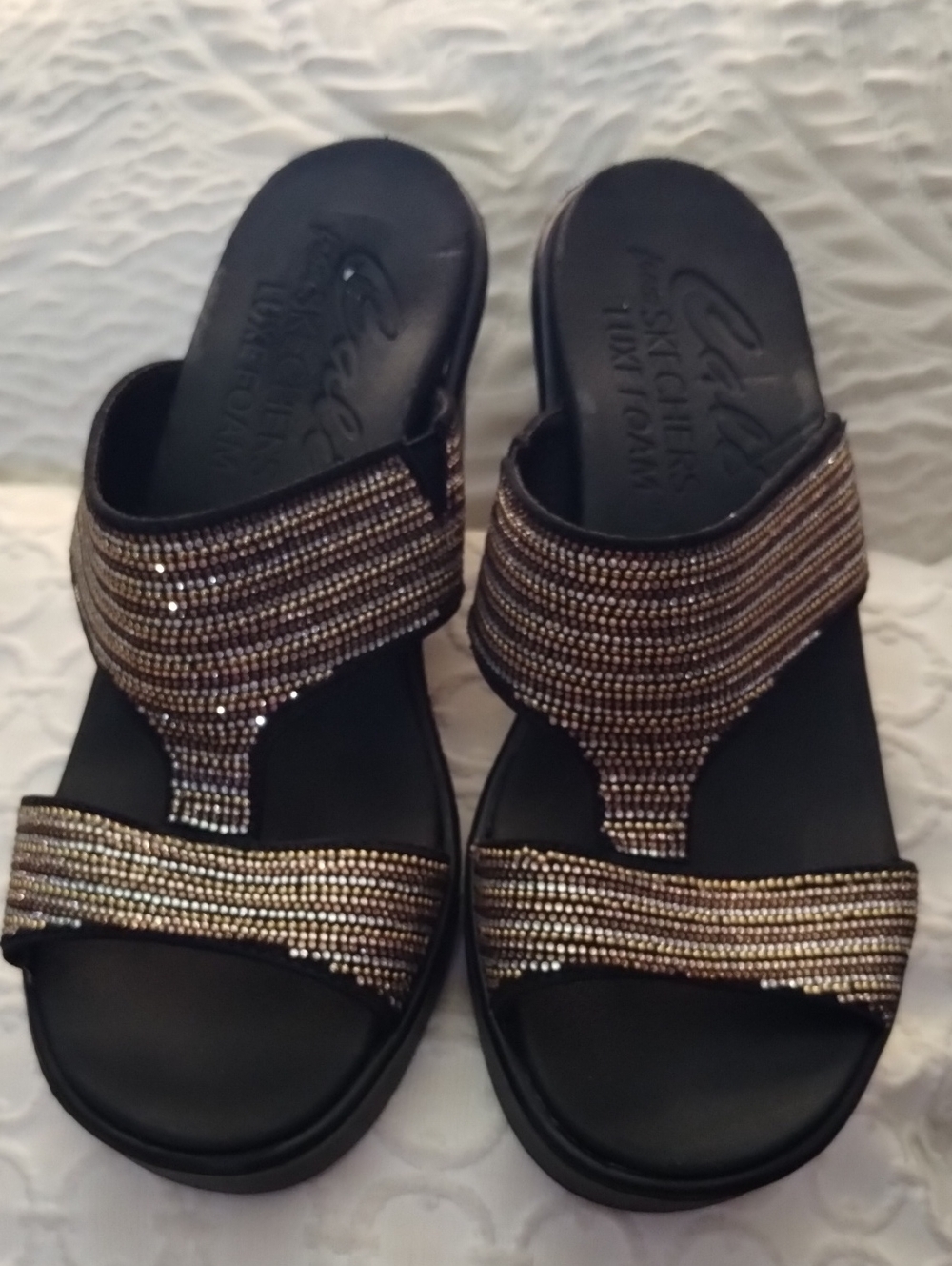 Skechers Black Sandals with Gold Toned Rhinestone Straps